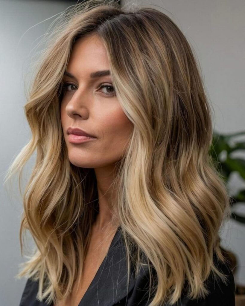 Woman with long blonde balayage hair styled in loose, relaxed waves