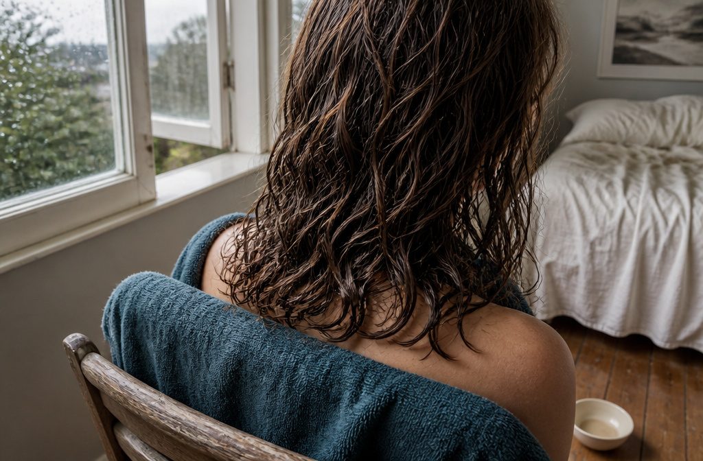 Long hair drying naturally in loose defined waves from behind