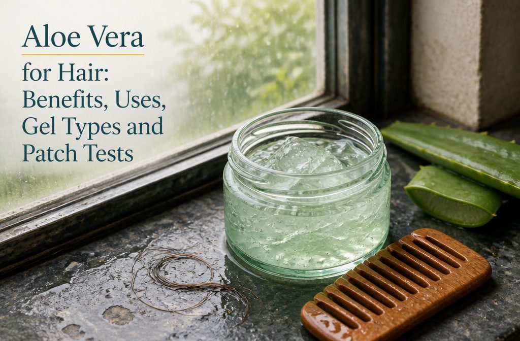 Aloe leaves with clear gel beside loose strands of hair