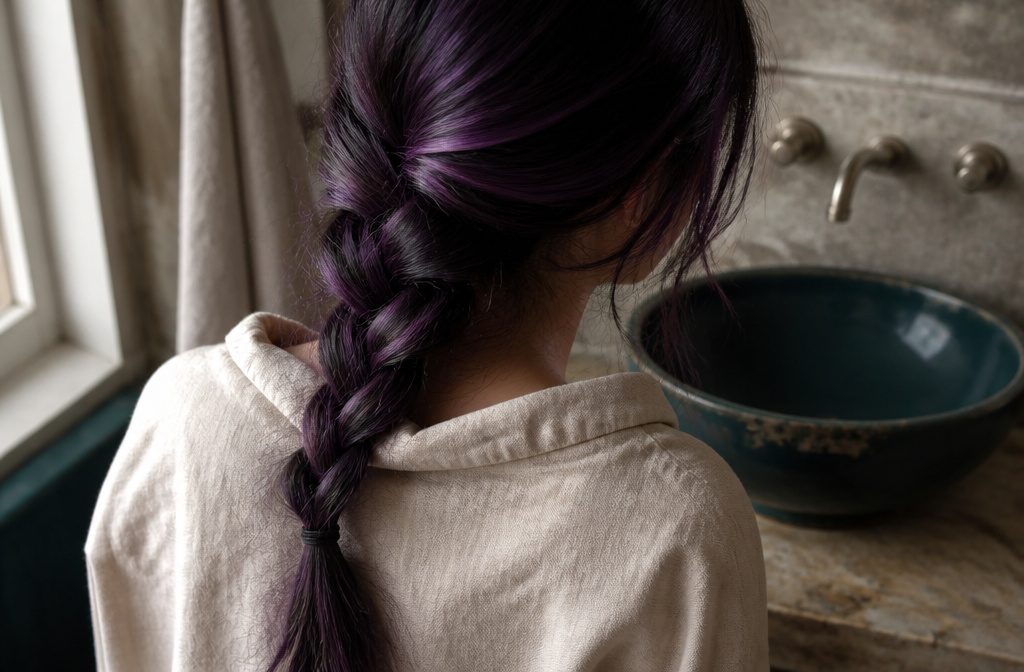 Brunette hair with a deep purple aubergine color