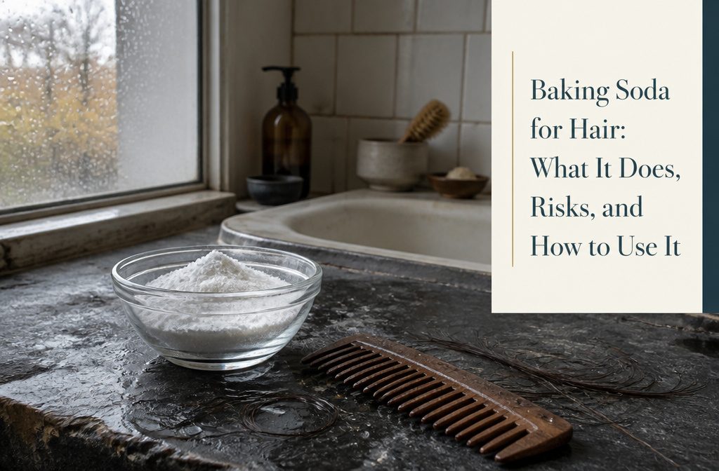 Cloudy rinse water in a modest bowl beside a comb holding damp strands