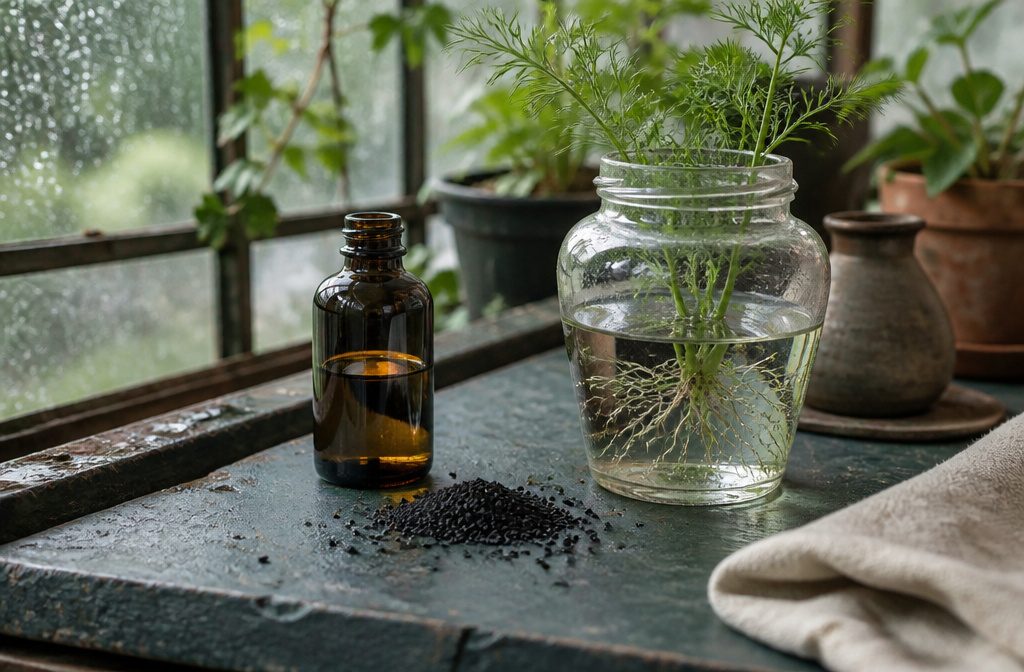 Black cumin oil bottle beside scattered Nigella sativa seeds