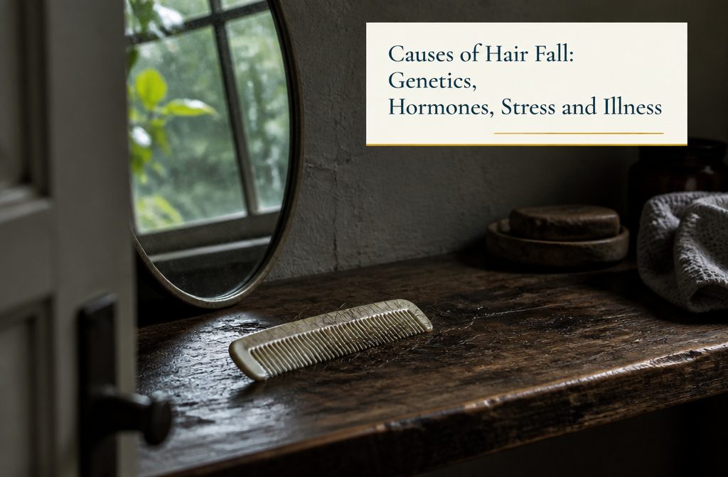 Scalp with a widening part beside a round bare patch and short regrowth