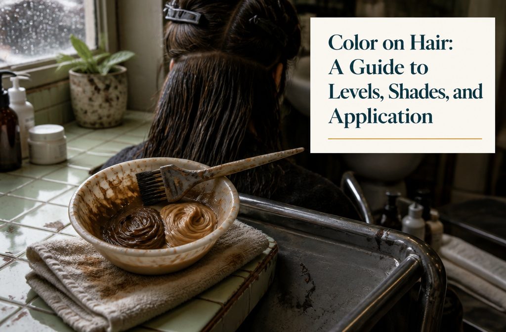 Hair color swatches arranged from dark black through brown to light blonde