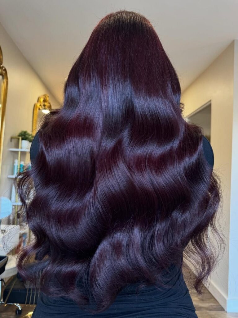 Long glossy dark plum hair styled in cascading waves from the back