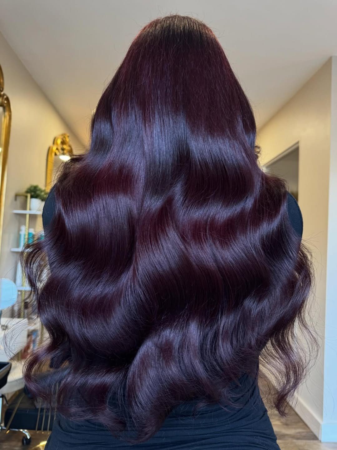 Long glossy dark plum hair styled in cascading waves from the back