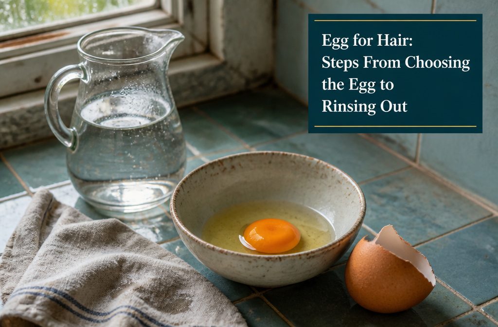 Bowl of egg yolk beside a blank weekly planner, conditioner jar, wooden comb and towel