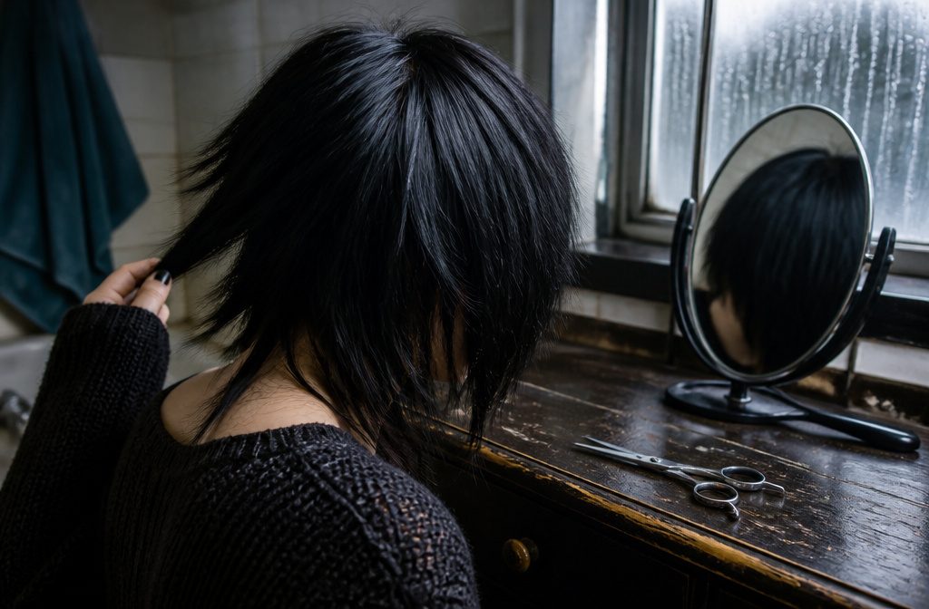 Emo scene hairstyle with choppy layers and a long side-swept fringe