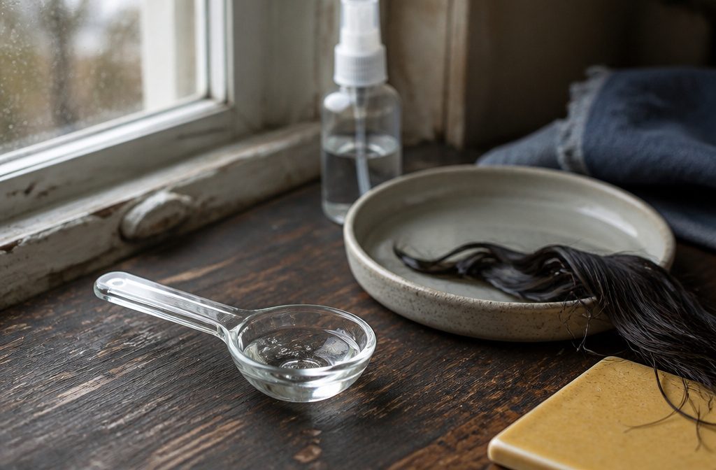 Glycerin bottle beside soft hair strands and moisturizing hair products