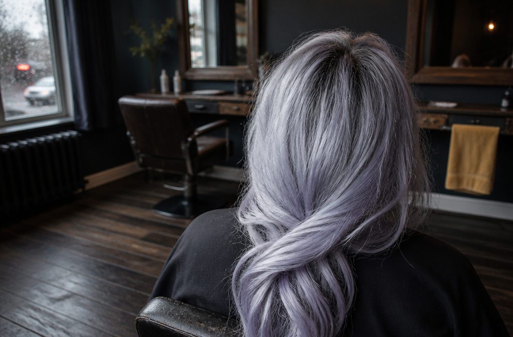 Woman with smooth silver-gray hair seen from behind and in profile
