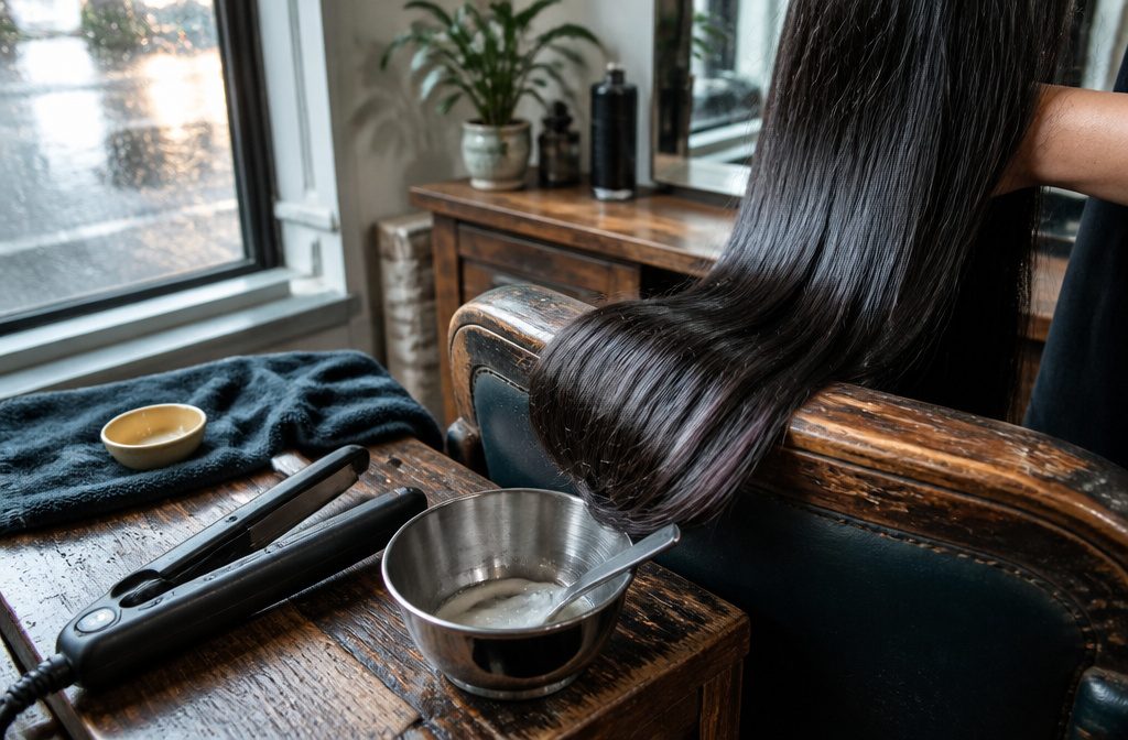 Stylist smoothing a client's hair with a salon treatment