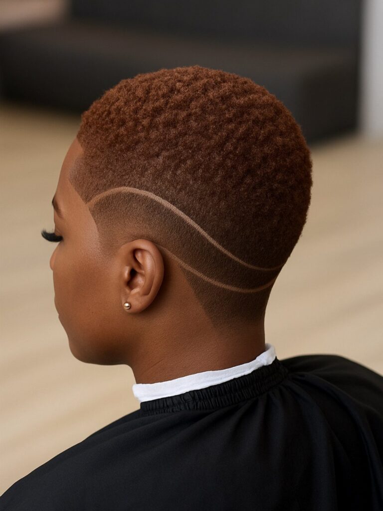 Short textured haircut with a skin fade and curved shaved lines