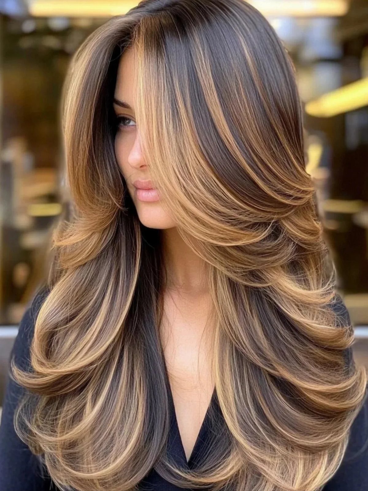 Woman displaying long layered brunette hair with caramel and blonde highlights