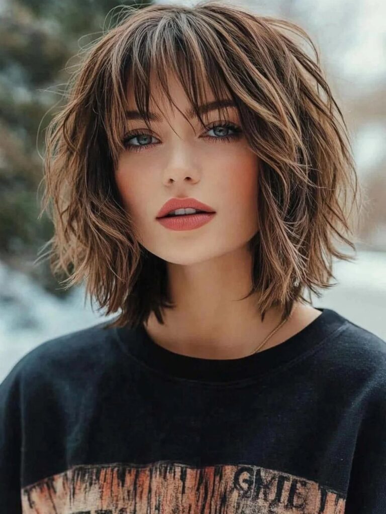 Young woman with a tousled, wavy dark brown bob and long bangs