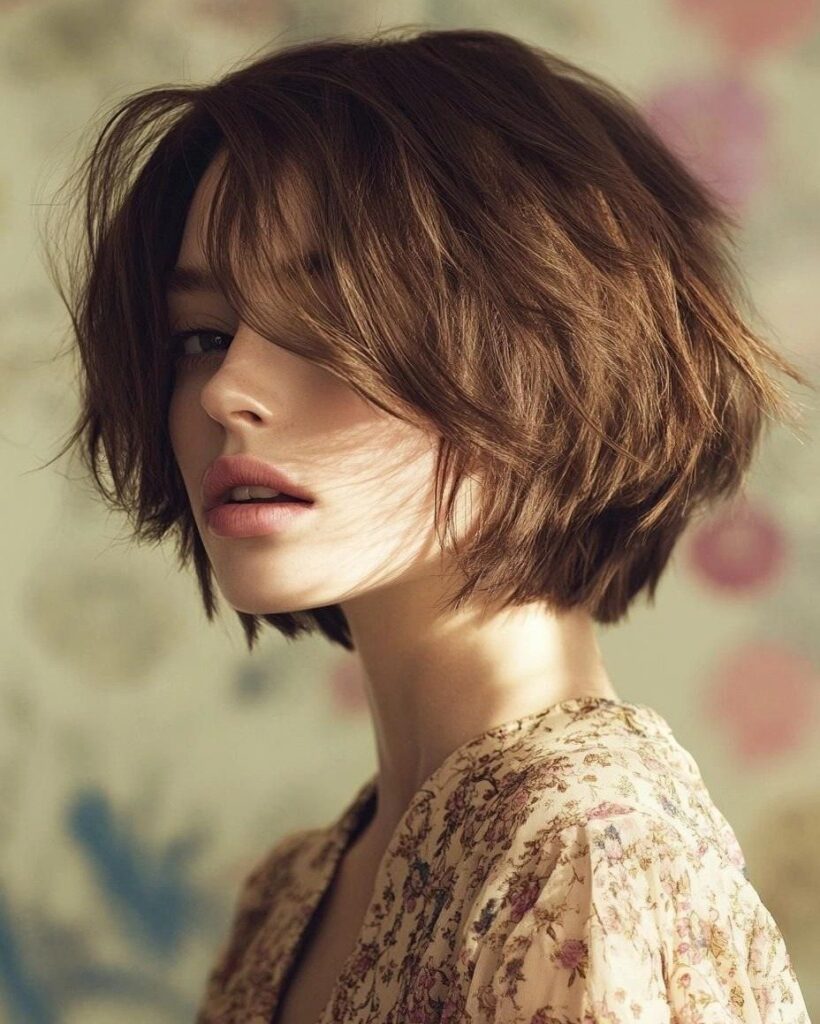 Woman with a tousled, layered brown bob and side-swept fringe