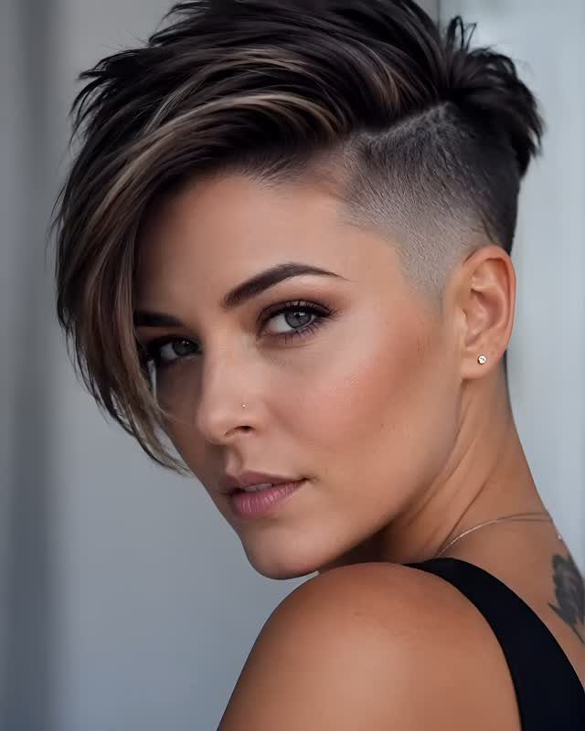 Woman showing a sleek short cut with one side closely shaved