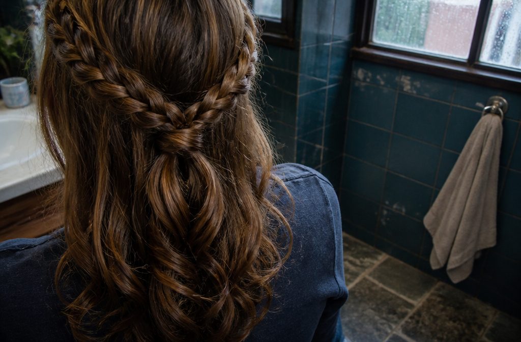 Long hair styled half up with braids meeting at the back