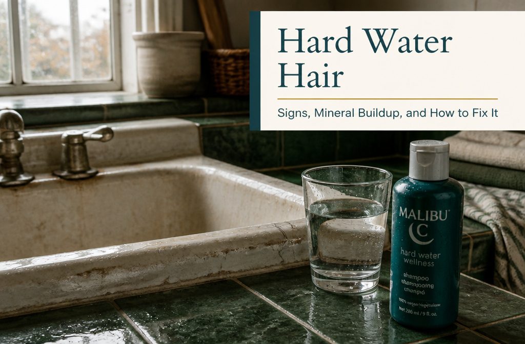 Shower fixtures beside loose hair strands in a bathroom