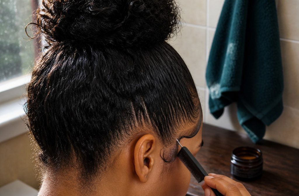 Close-up hairline with short baby hairs shaped along the forehead