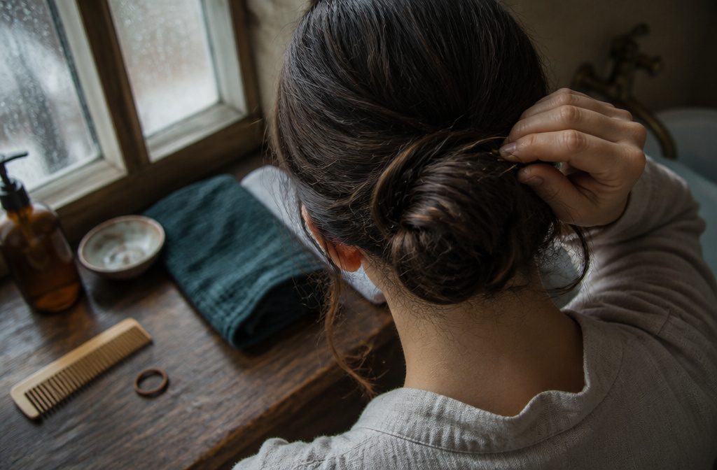 Woman seen from behind with two ribbon braids wrapped around a bun