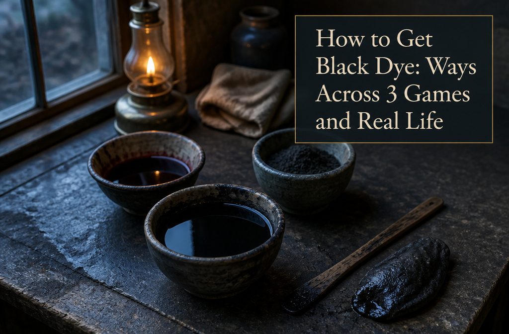Black dye beside game-themed materials and dark fabric