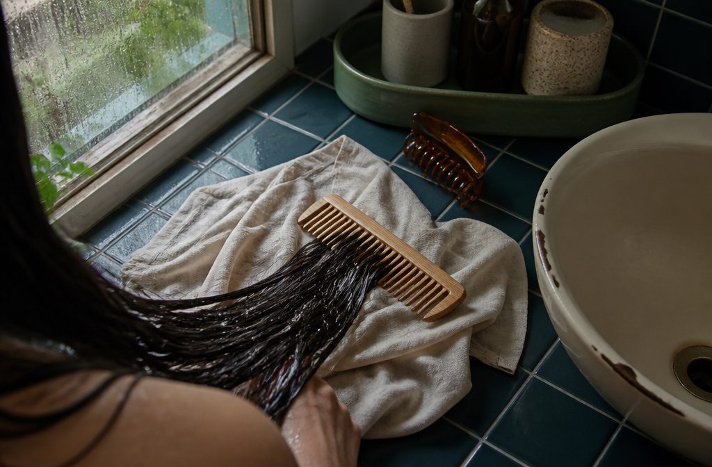 Hair strands and scalp arranged to suggest a healthy hair care routine