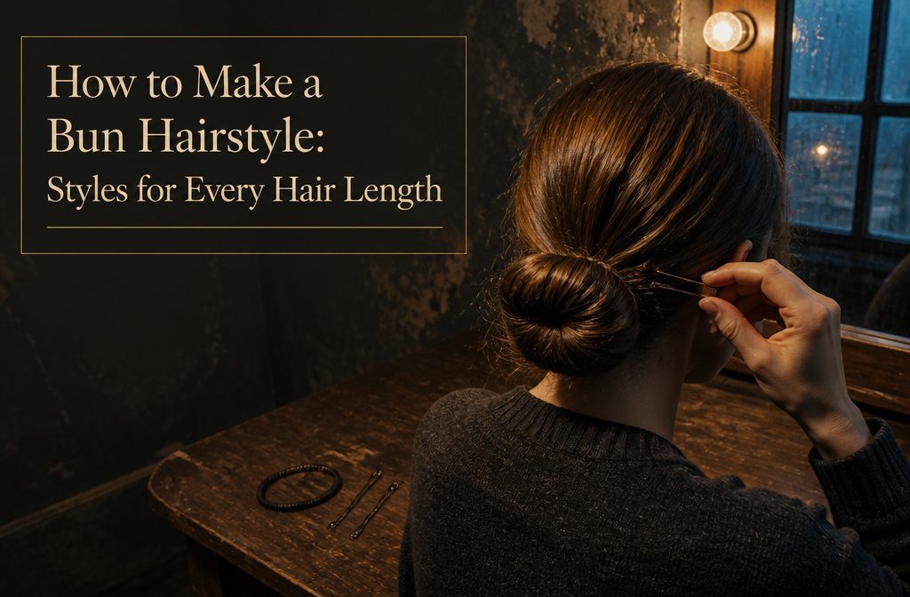 Woman with her hair gathered into a bun, viewed from behind