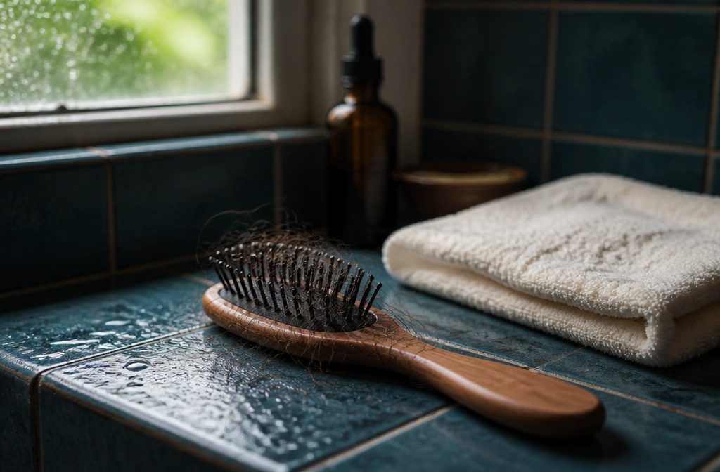 Loose brown hairs gathered in a shower drain and natural-bristle brush