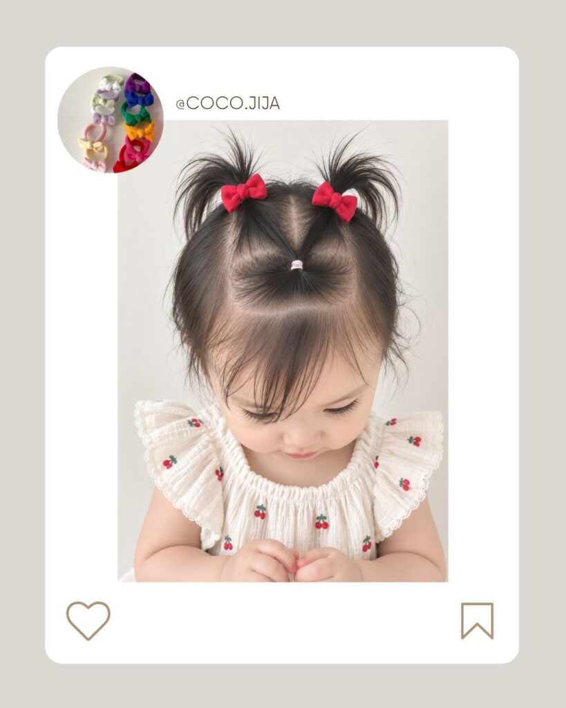 Baby with two high ponytails and red bows, wearing a white ruffled top