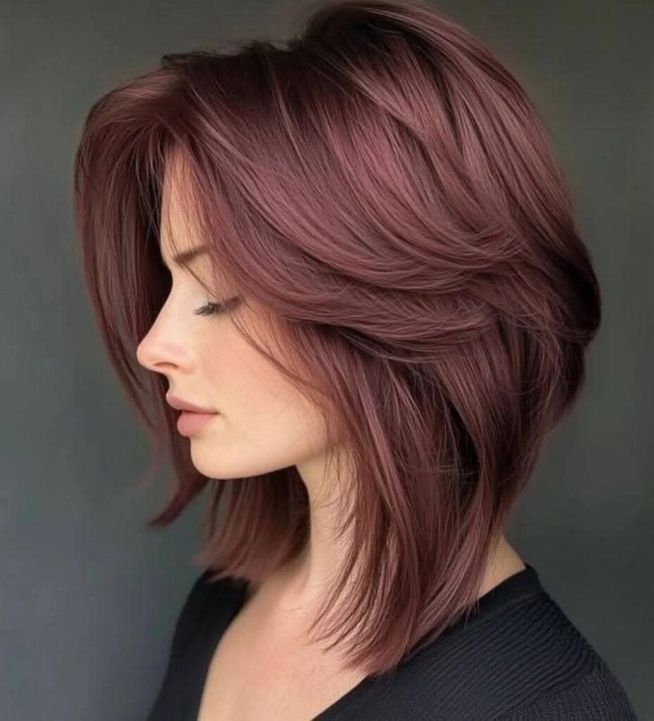 Woman showing a layered mauve-brown asymmetrical bob with long front pieces
