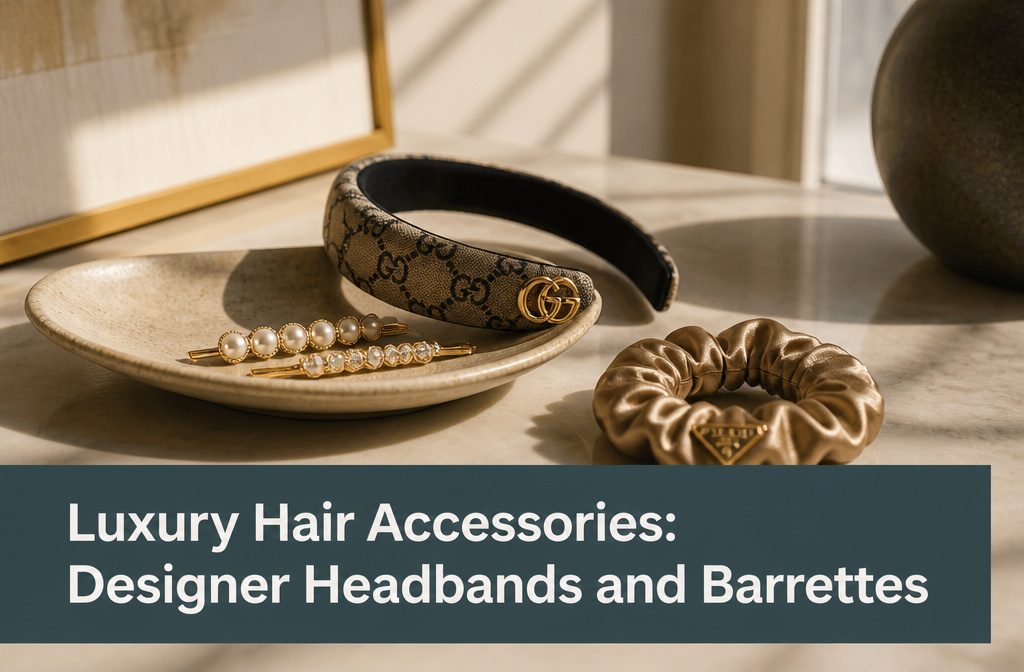 Designer headbands barrettes pins and scarves arranged together