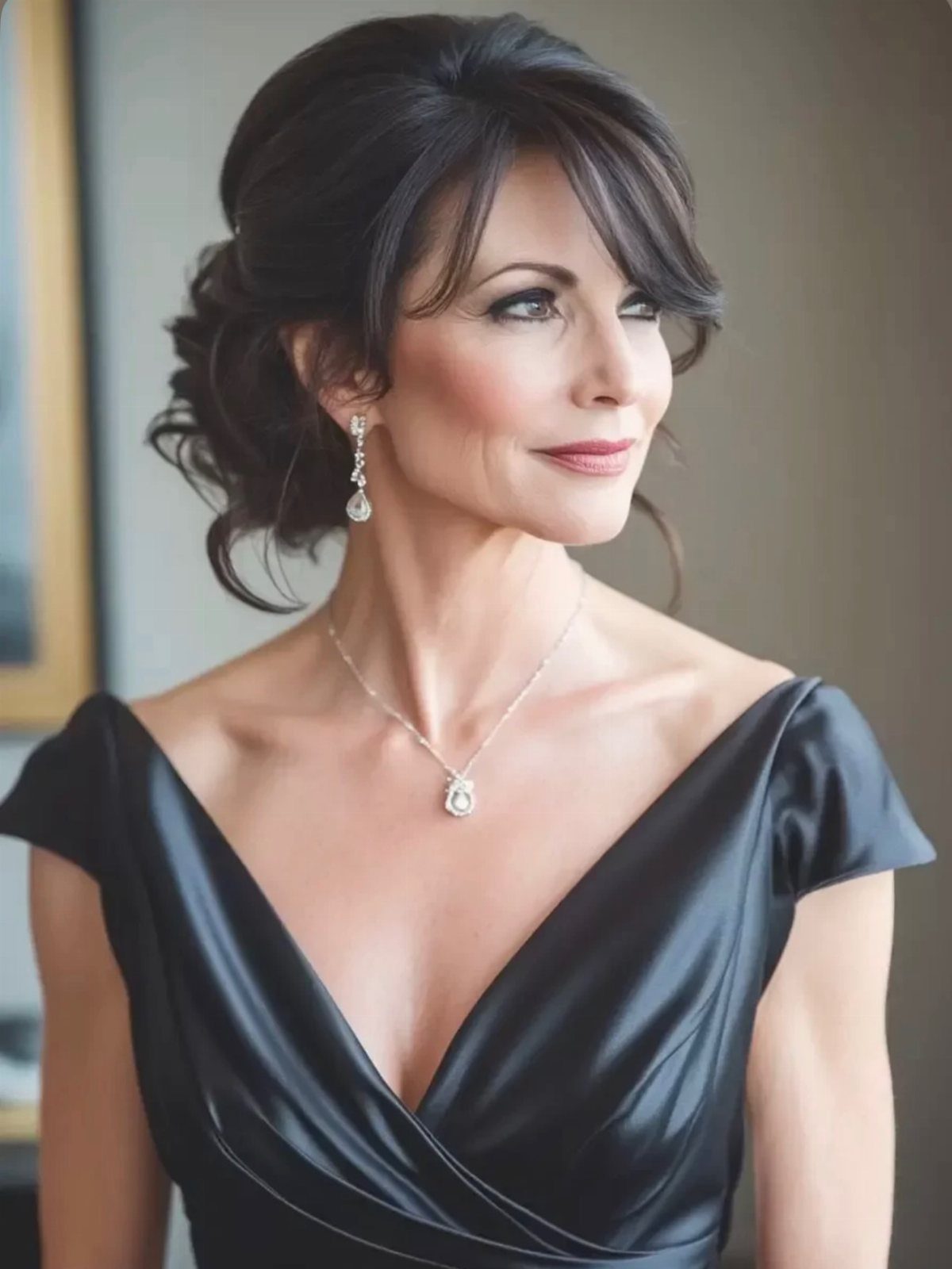 Woman with an elegant dark updo and side-swept bangs wearing a black satin dress