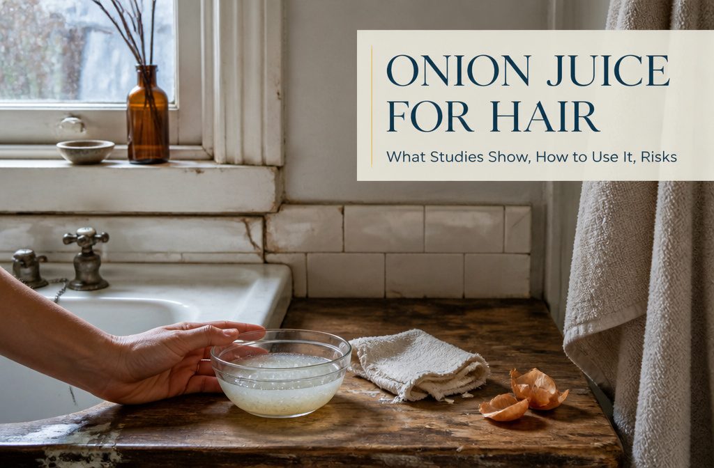 Bowl of onion juice beside translucent onion slices and a curved strand of hair