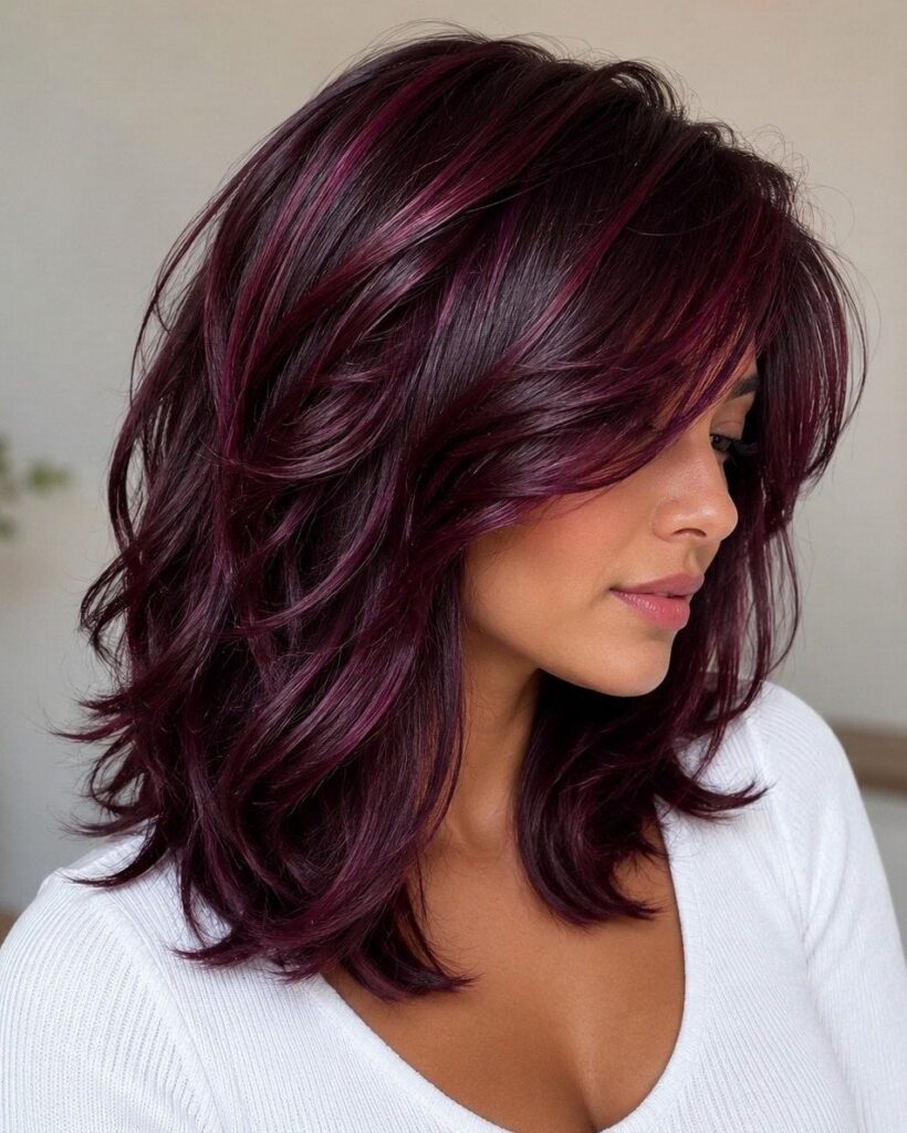 Woman showcasing layered wavy plum-purple hair with side-swept bangs