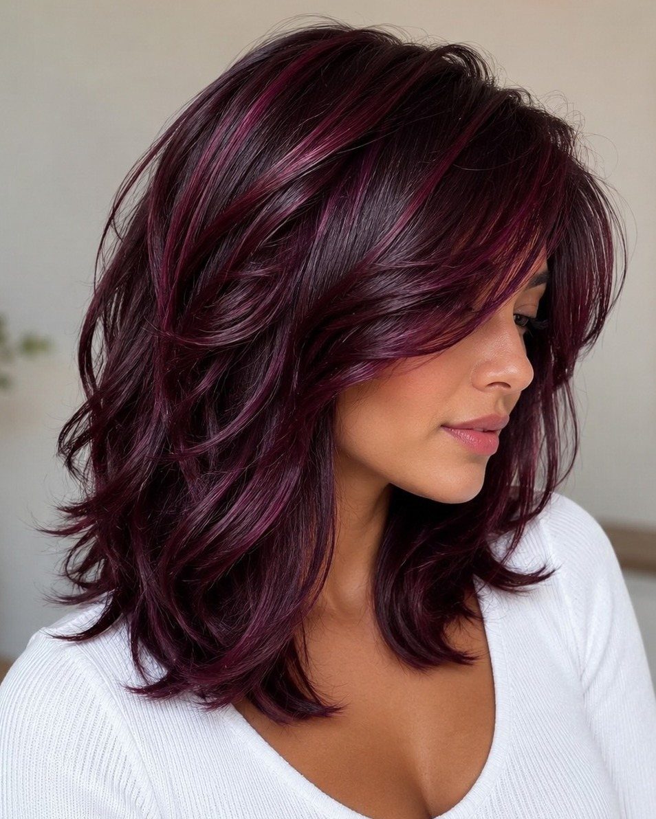 Woman showcasing layered wavy plum-purple hair with side-swept bangs