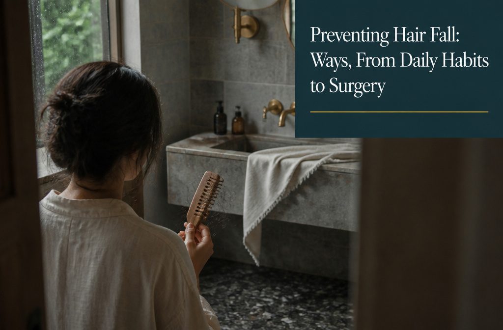 Woman holding shed hair beside a hairbrush