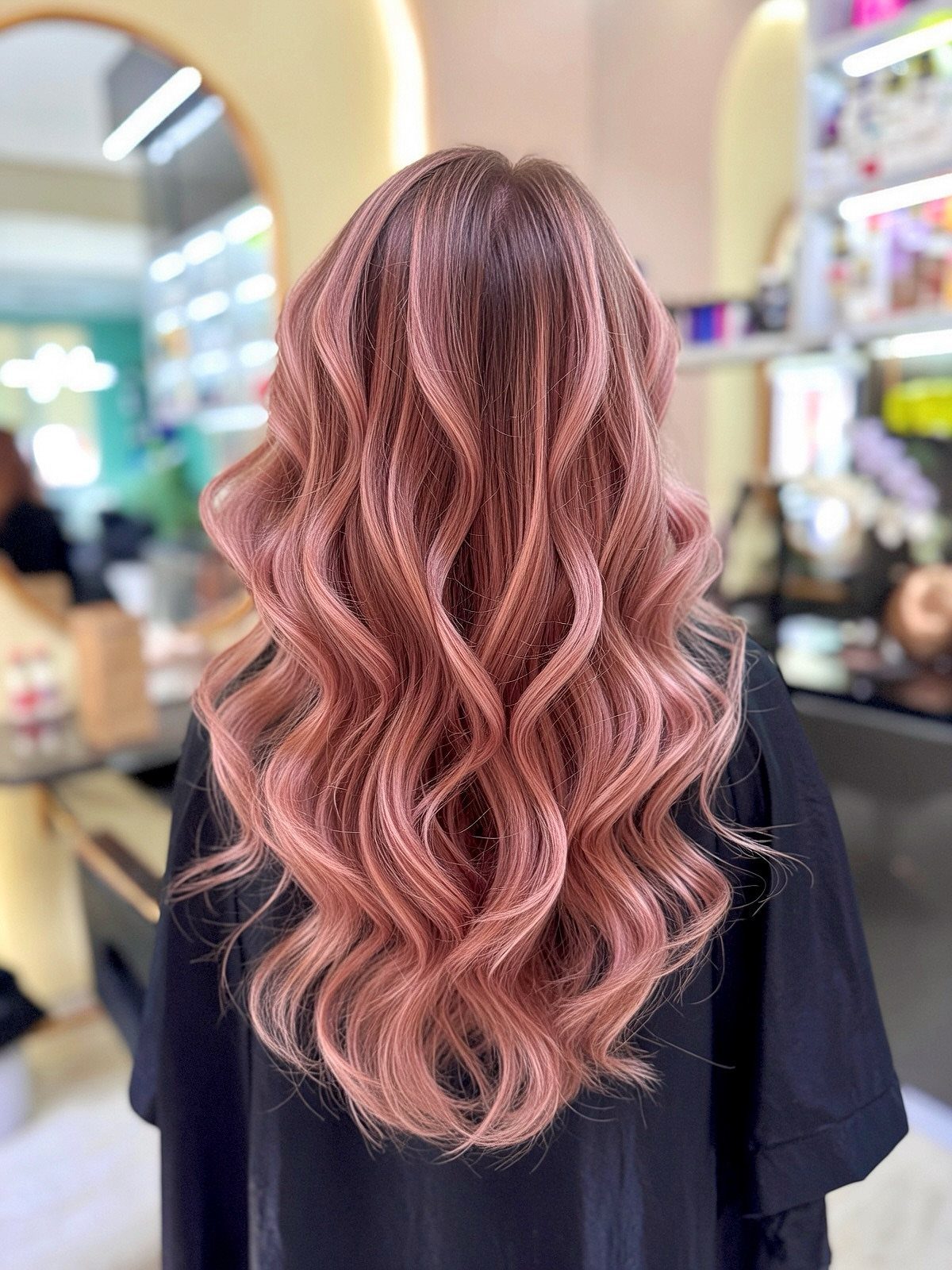 Rose-gold wavy hair styled on a person in a bright salon