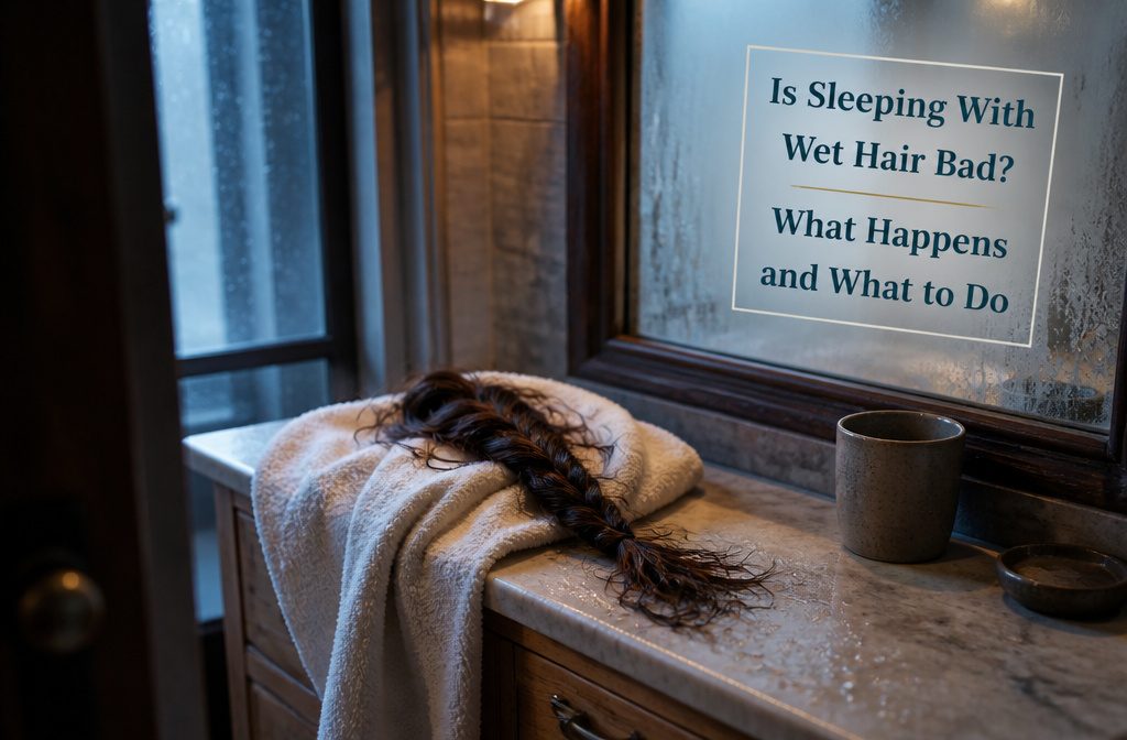 Person with damp hair resting against a pillow