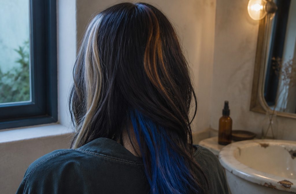 Hair with defined colored sections set against its natural shade