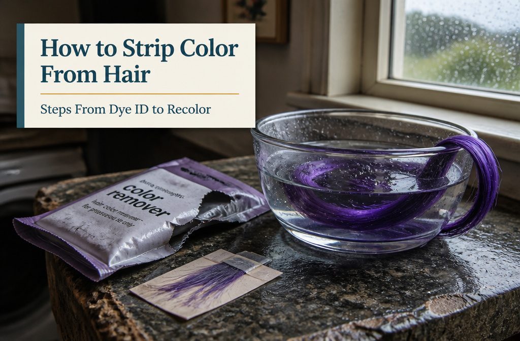 Hair strands with unwanted color beside tools used for dye removal