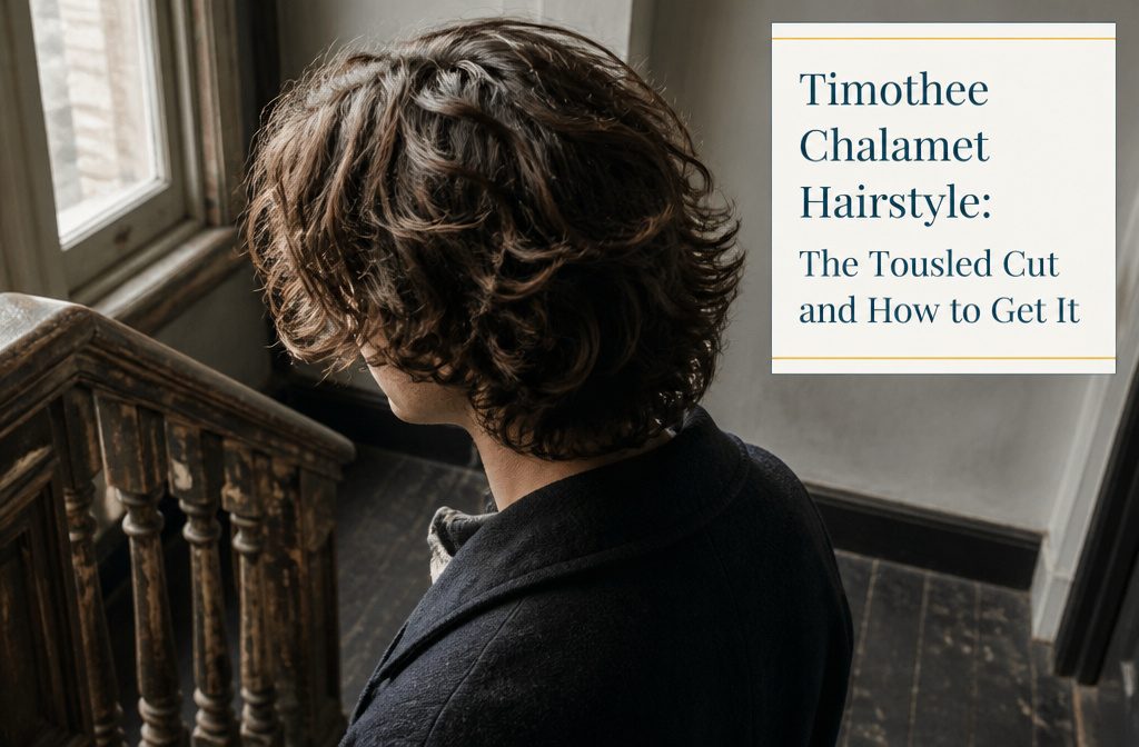 Timothée Chalamet with medium-length tousled waves framing his face