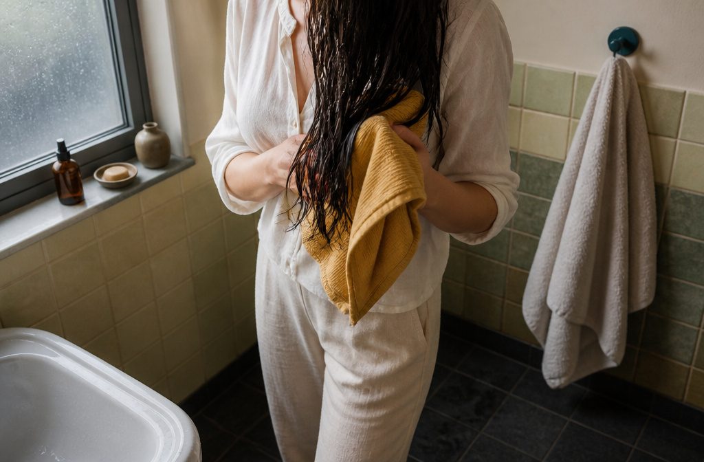 Microfiber hair towel beside tightly woven cotton towel with contrasting surfaces