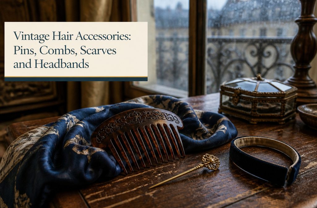 Vintage hair accessories arranged together, including pins, combs, scarves and headbands
