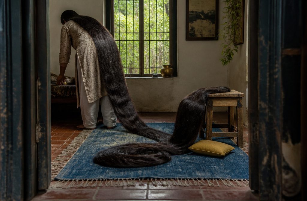Renu Dhariyal seated with her long dark braid trailing beside her